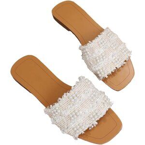 Women's White Brown Block Faux Pearls Decor Summer Flat Slides Sandals Shoes